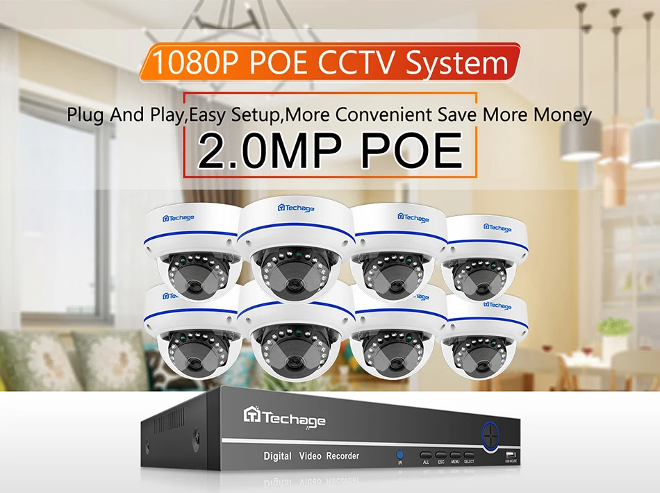 Techage H.265 8CH 1080P POE NVR комплект камеры безопасности Система 2.0MP HD Dome POE камера видеонаблюдения ИК ночного видения комплект видеонаблюдения