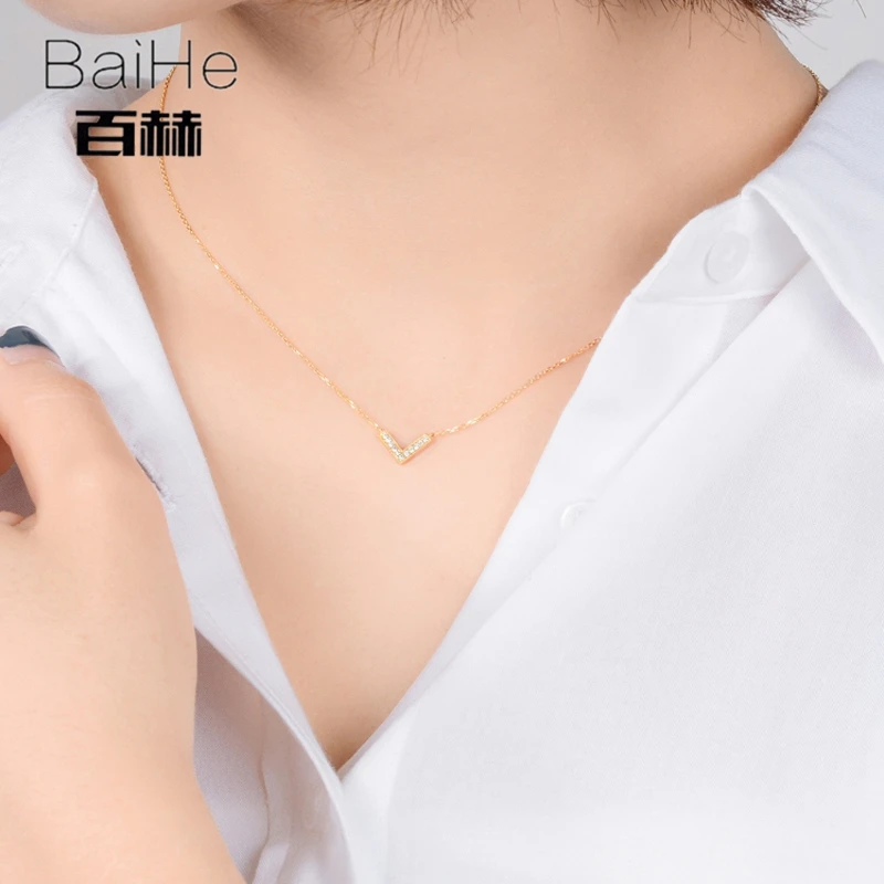 

BAIHE Solid 18K Yellow Gold 0.06ct H/SI Round Natural Diamonds Women Trendy Fine Jewelry beautiful V Type Diamond Gift Necklaces