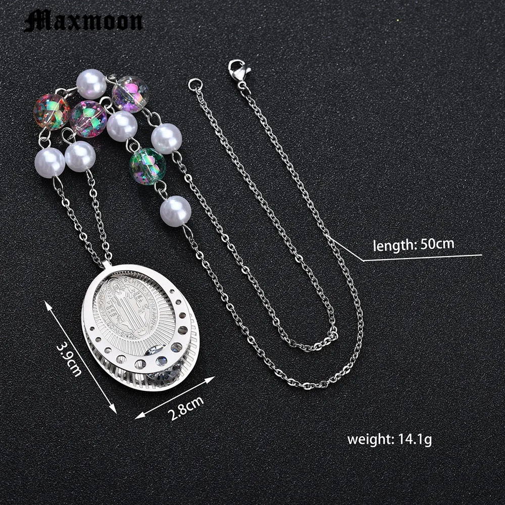 Maxmoon 3D Round Saint Benedict Stainless Steel Medal Antique Silver Color Gold Cross Pendant Necklaces Women Girl Gift | Украшения и