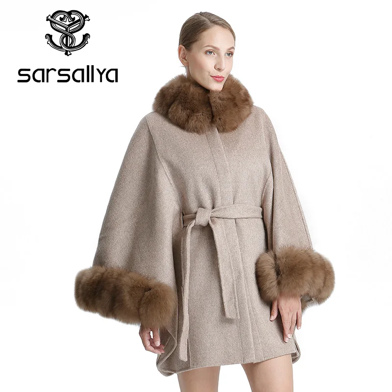 SARSALLYA Для женщин натуральным лисьим мехом плащ меховой Куртка с воротником