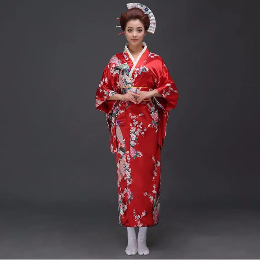 Black peafowl Japanese Kimono Women's Polyester Satin Yukata Evening Dress Haori With Obi One Size | Тематическая одежда и