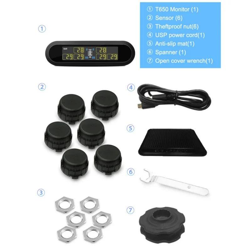 Универсальная система контроля давления в шинах TPMS с супержк экраном и 6