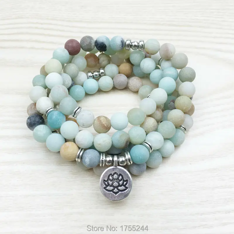 SN1142 Fashion Women`s 8 mm Matte Amazonite 108 Mala Beads Bracelet or Necklace Lotus Buddha Ohm Charm Free Shipping | Украшения и