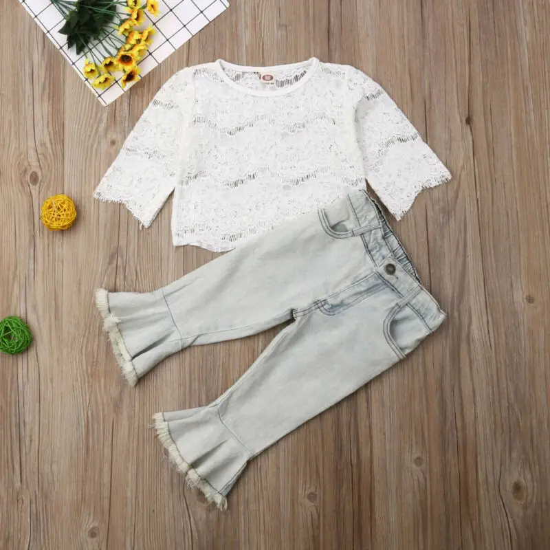 1-6Y Fashion Toddler Baby Girls Clothes Sets White Lace Top Shirt Denim Flared Pants Outfit Set