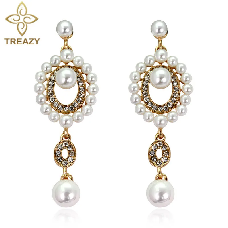 TREAZY Elegant Simulated Pearl Bridal Drop Earrings for Women Vintage Crystal Hanging Brincos Dangle Wedding Jewelry | Украшения и