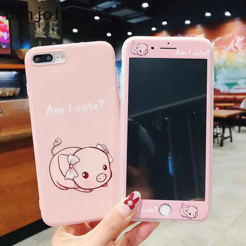 Чехол Banjolu Cute Pig Heart + Защитное стекло для экрана из закаленного стекла для телефона iPhone X XR XS MAX 8 7 6 6s Plus с мягкой задней крышкой.