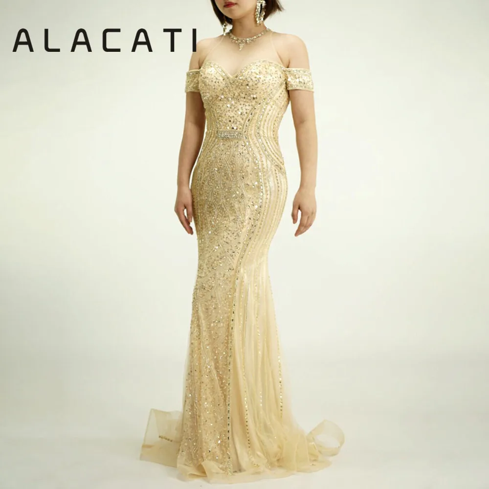 

2019 new heavy manualSexy O-neck sleeveless beaded crystal evening dress