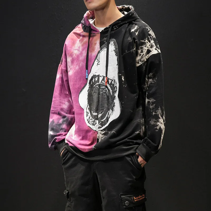 

Spring Loose Vintage Mens Hoodies Sweatshirts Shark Printing Patchwork Hooded Sweatshirt Men Autumn Hip Hop Tops Jacket Homme