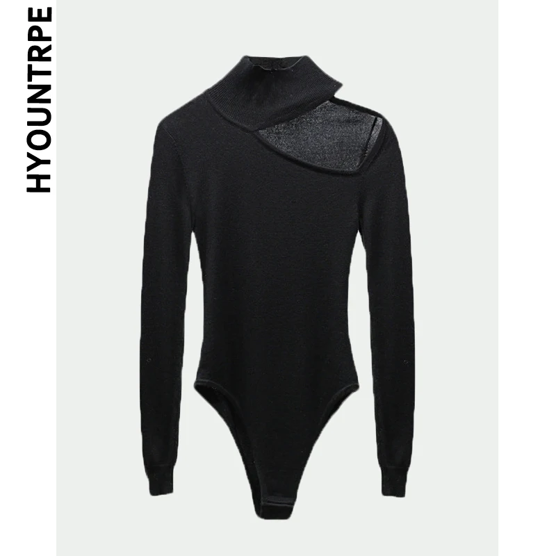 Sexy One Shoulder Hollow Out Knitting Bodysuits Women Turtleneck Slim Long Sleeve Sweater Fashion Runway Knitted Jumper Playsuit | Женская
