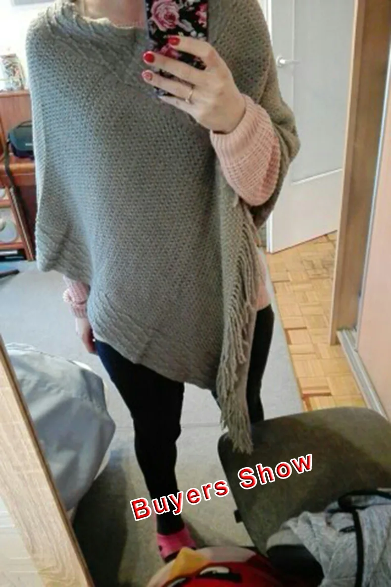 Женский шарф с узором-сеткой с v-образным вырезом серый зимний пончо толстое Вязаное пончо с кисточками Feminino Inverno модный Свободный вязаный крючком плащ шали
