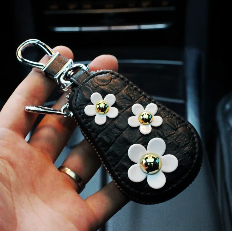 1pcs key bag Милый цветок ромашки, украшение интерьера автомобиля, кожаный чехол на руль, рычаг переключения передач, ремень безопасности, автомобильные аксессуары - Название цвета: 1pcs key bag