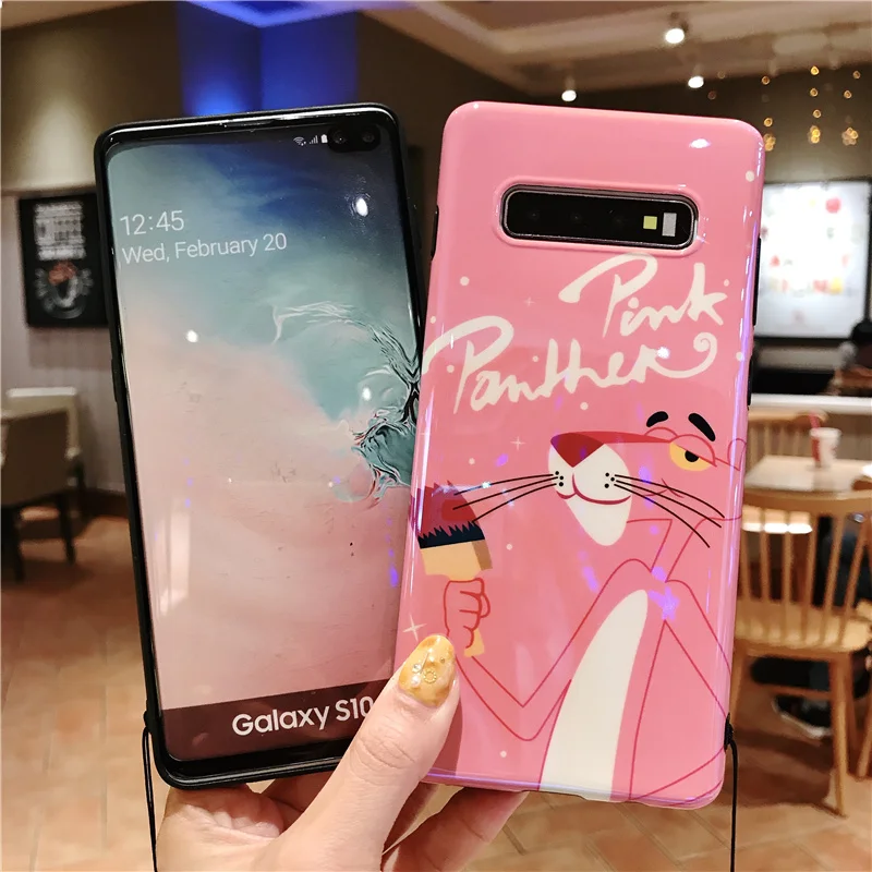 SAM S10 Милая Розовая пантера мягкая задняя крышка телефона для samsung Galaxy S8 S9 S10 plus S7 edge note8 Note 9 Blue Ray чехол+ ремень