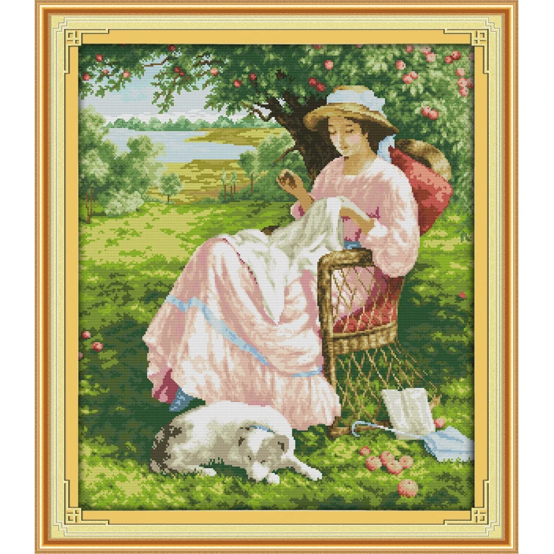 The Woman Under An Apple Tree  Chinese Cross Stitch Kits Ecological Cotton Stamped Printed DIY Christmas Gift Wedding Decoration