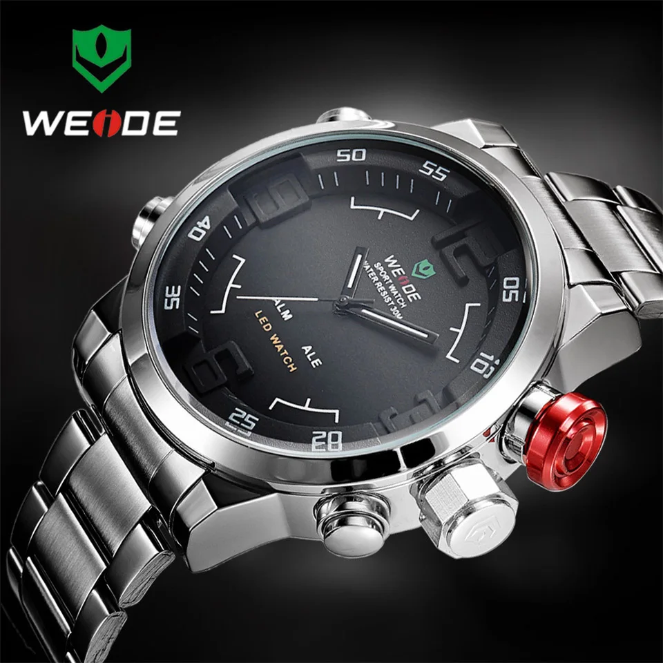 Silver Black Лидирующий бренд WEIDE часы мужские из нержавеющей стали цифровые часы Спортивные Наручные Часы светодиодный кварцевые Военные Наручные часы Relogio Masculino - Цвет: Silver Black