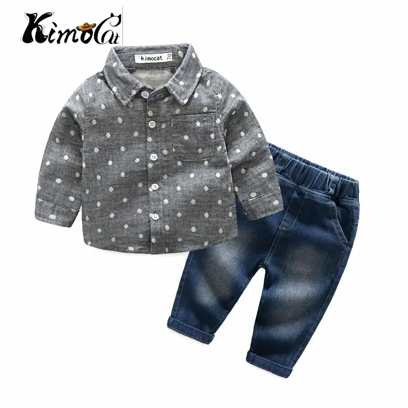 kimocat new High quality baby boy clothes Spring and Autumn long-sleeve fashion polka-dot lapel shirt + denim pants |