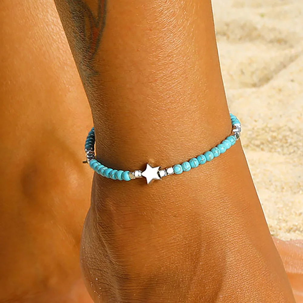 Богемные звезды, натуральный камень, пентаграмма, ножной браслет для женщин, хлопок, лента, браслет на ногу, ремень для девушек, летние ножные браслеты, ювелирные изделия для ног