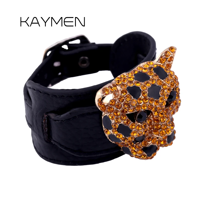 Модные полные стразы и кожа Bracelelt леопардовый рисунок головы браслет для женщин с
