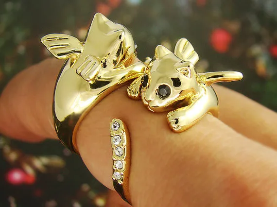 Кольцо с кристаллами в виде котенка и крыла ангела|ring crystal|cat ringfashion rings for women |