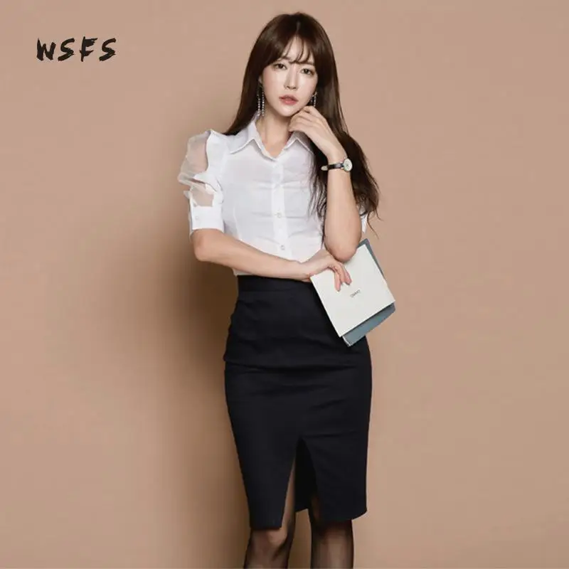 Женский офисный костюм-двойка белая юбка-карандаш средней длины с отложным