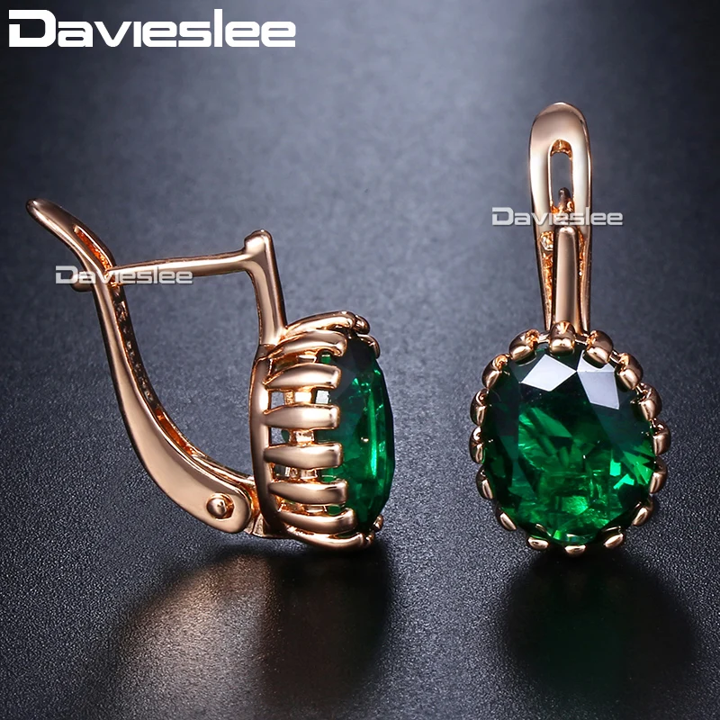 Женские серьги гвоздики с зеленым камнем Davieslee овальные из розового золота GF 585