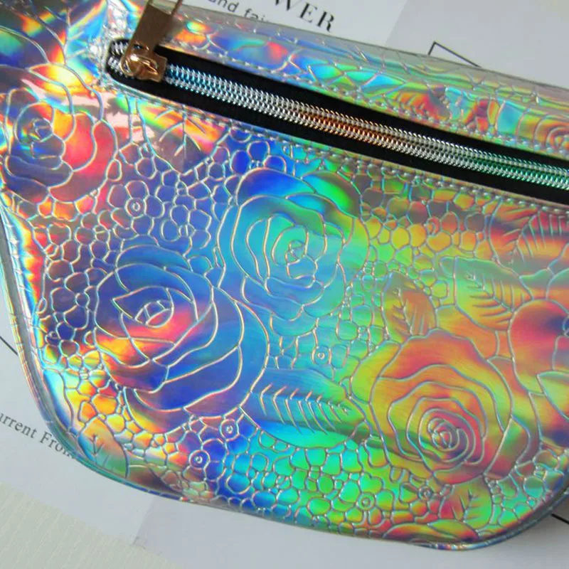 Holographic Blue Fanny Pack Laser Waist Packs Hip Bag Women's Rainbow Bags Unisex Flower Fannie for Women |