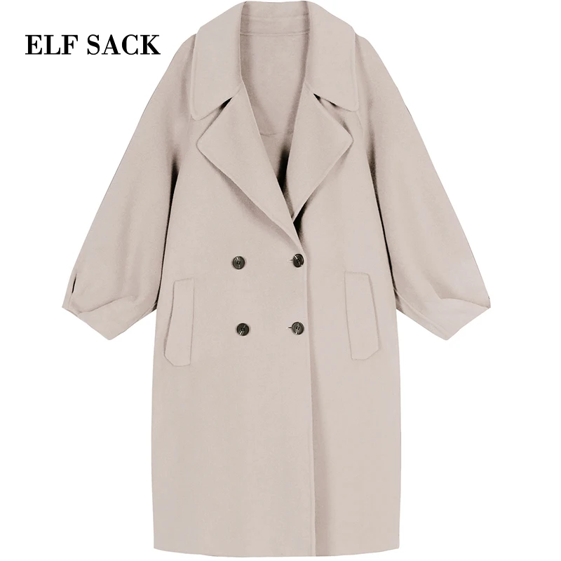 Женское шерстяное пальто ELFSACK однотонное повседневное двубортное в европейском