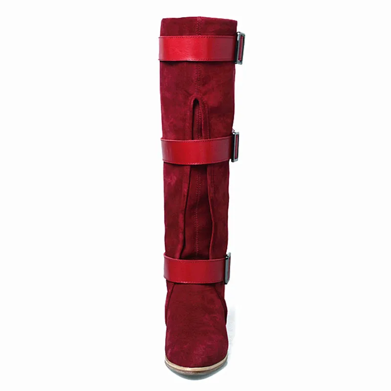 Prova Perfetto Women Knee High Boots Red Suede Female Chunky Heel Straps Autumn Winter Platform Rubber Botas Mujer | Обувь