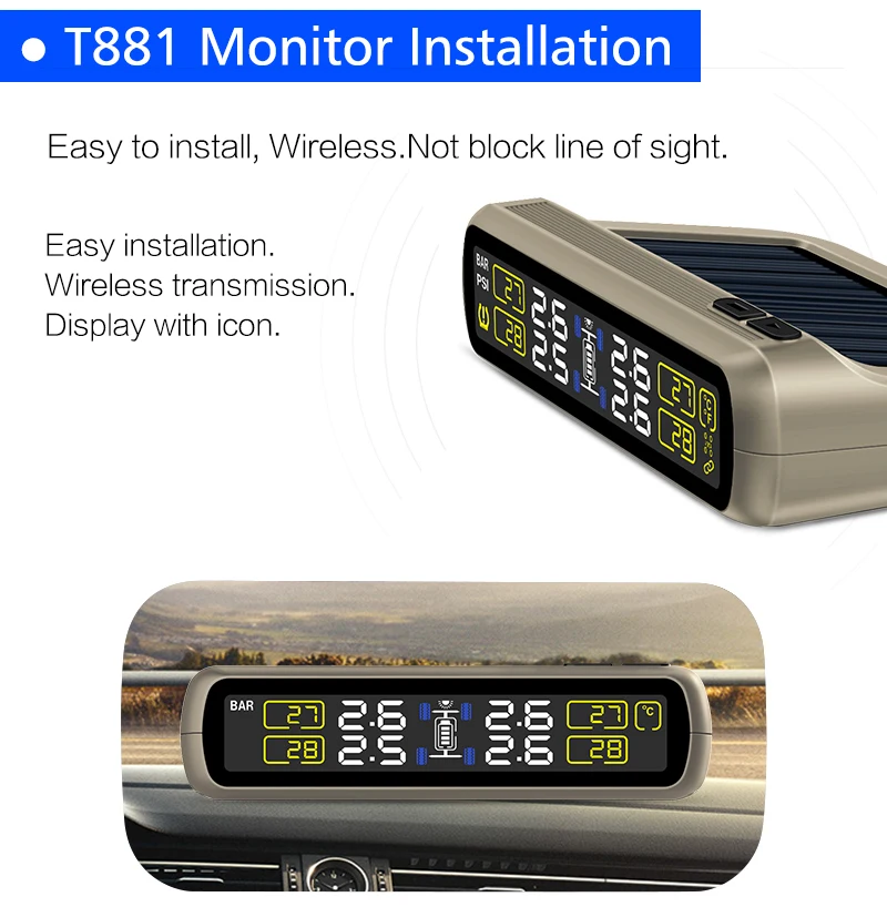 CAREUD солнечная энергия и USB зарядка автомобиля TPMS беспроводная система контроля давления в шинах с 4 внутренними датчиками ЖК-дисплей