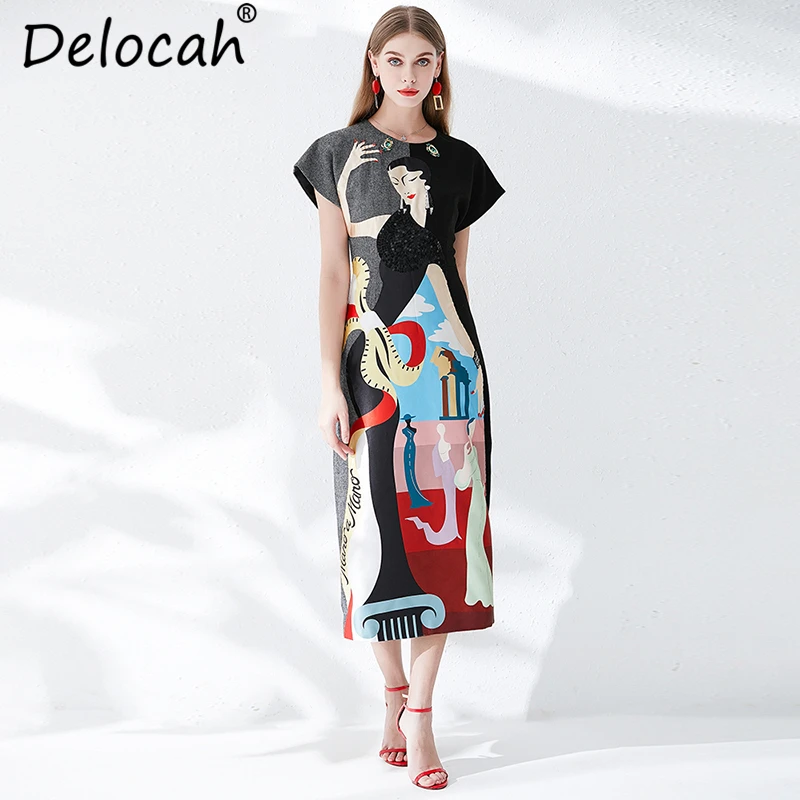 Delocah новые Для женщин летнее платье модный Дизайнерский Костюм Бисер с блестками и принтом с героями из мультфильма; элегантные Винтаж женские Вечерние Длинное Платье