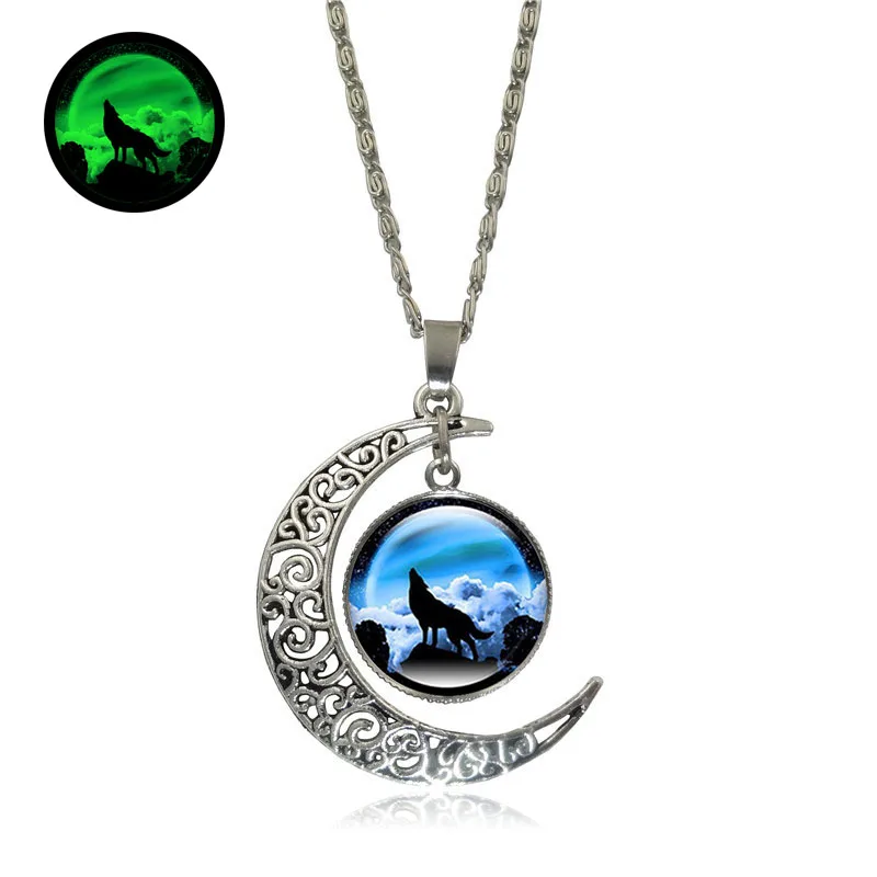 Светится в темноте кулон с волком ожерелье стеклянный кабошон полумесяц