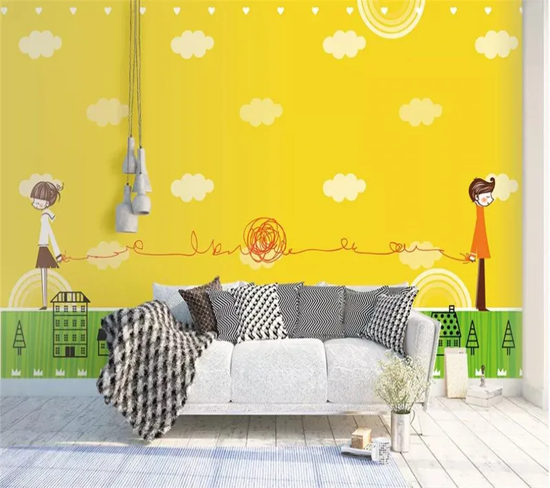 

Customized 3d wallpaper cartoon children's room hand-painted yellow green small fresh background wall silk waterproof material