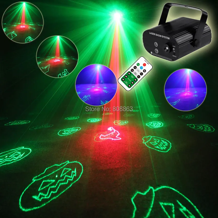 ESHINY Mini R&G Laser 24 Halloween Pattern Projector Blue Led Bar DJ Dance Holiday Disco Party Effect Lighting Light Show T123D4