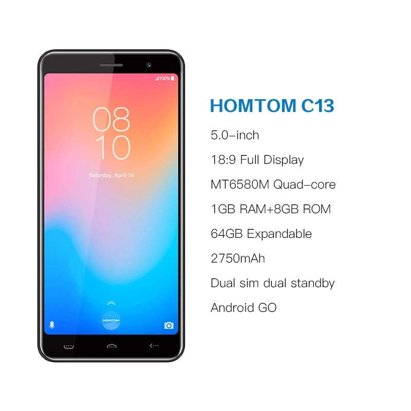 HOMTOM C13 смартфон с 5 дюймовым дисплеем четырёхъядерным процессором MT6580M ОЗУ 1 ГБ ПЗУ