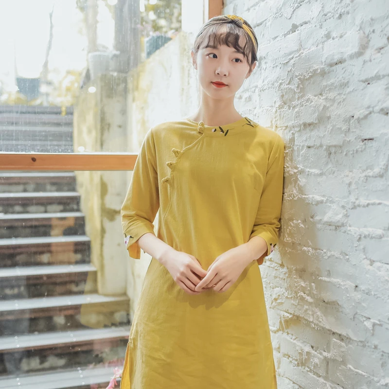 Китайское платье cheongsam qipao с вышивкой qipao платье cheongsam vestidos чиносы Восточное хлопковое и льняное платье cheongsam