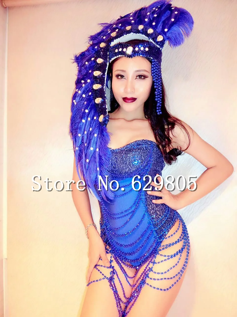 Blue Sequin Shining Rhinestone Beads Tassel Bodysuit Feather Headpiece Stage Wear Prom Outfit Leotard Female Singer Costume |