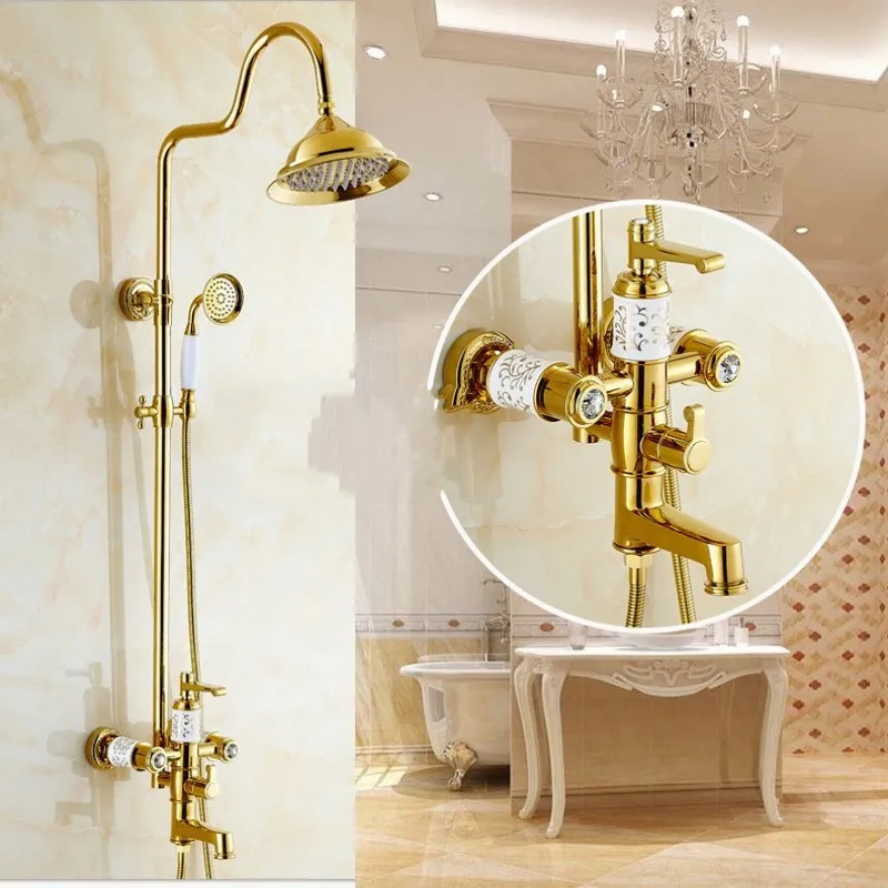 Luxury Gold Ceramic Crystal Retro Brass Bathroom Shower Fauc