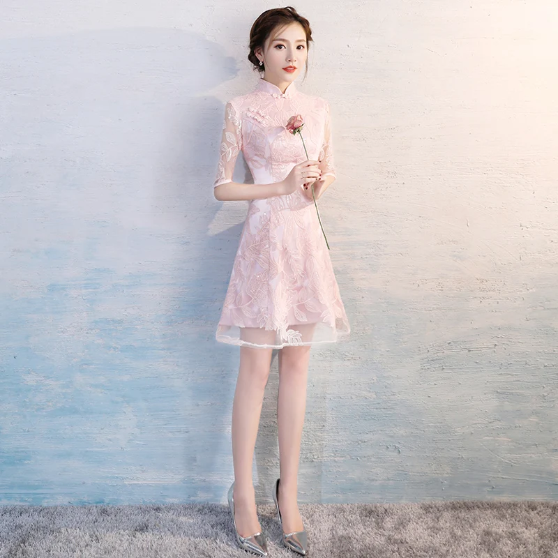 Национальный Ветер женское кружевное короткое cheongsam сексуальный Тан костюм cheongsam кружевное китайское платье розовый черный - Цвет: color2