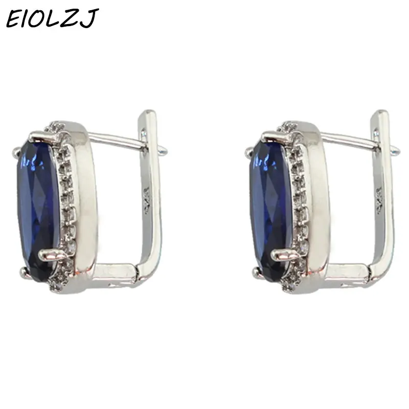 EIOLZJ 925 пробы серебряные серьги-клипсы для женщин, зеленый синтетический циркон, повседневные ювелирные изделия для девочек, синий кристалл, подарочная коробка - Окраска металла: Dark Blue