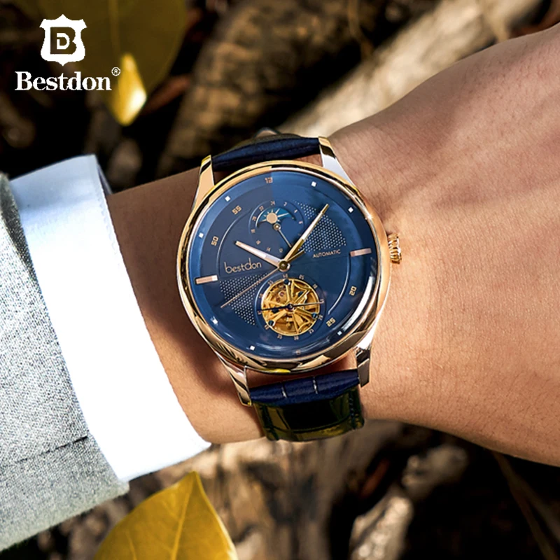 Мужские механические часы Bestdon Sapphire швейцарские роскошные брендовые Синие