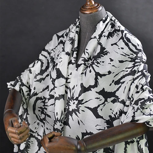 Silk cotton fabric Big black and white floral print ink paintings style SCT503 | Дом и сад