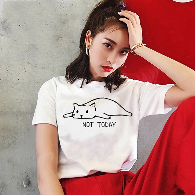 Женская футболка с принтом hengsong NOT TODAY Повседневная Свободная Kawaii коротким