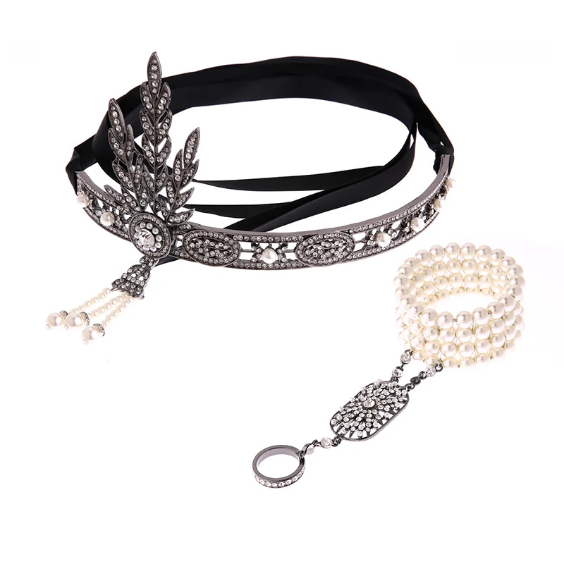 Black-set Серебро 20s головной убор Винтаж 1920s головная повязка Хлопушка Great Gatsby ювелирные аксессуары - Цвет: Black-set