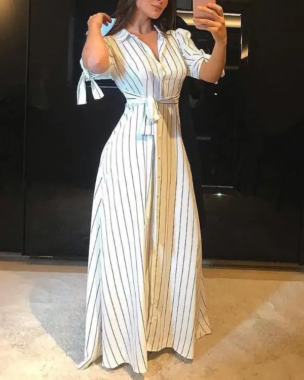 Лето в стиле Boho женские платья макси короткий рукав Женская Полосатая Рубашка