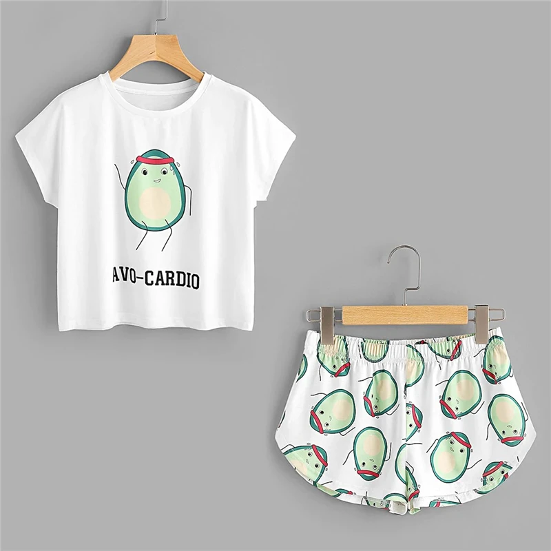 Dotfashion/комплект из футболки и шорт с принтом авокадо из мультфильма, женская пижама, повседневный пижамный комплект с коротким рукавом, Женская эластичная одежда для сна