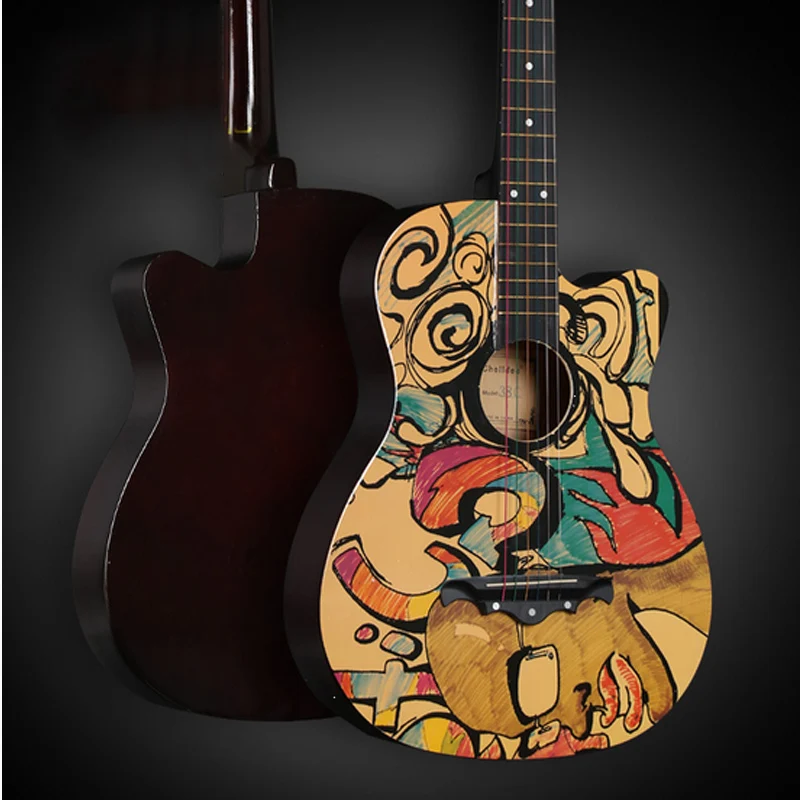 Guitar Personality 38 Inches Linden Wood Folk Color Pattern Semi-Closed Knob Beginner's Introduction | Спорт и развлечения