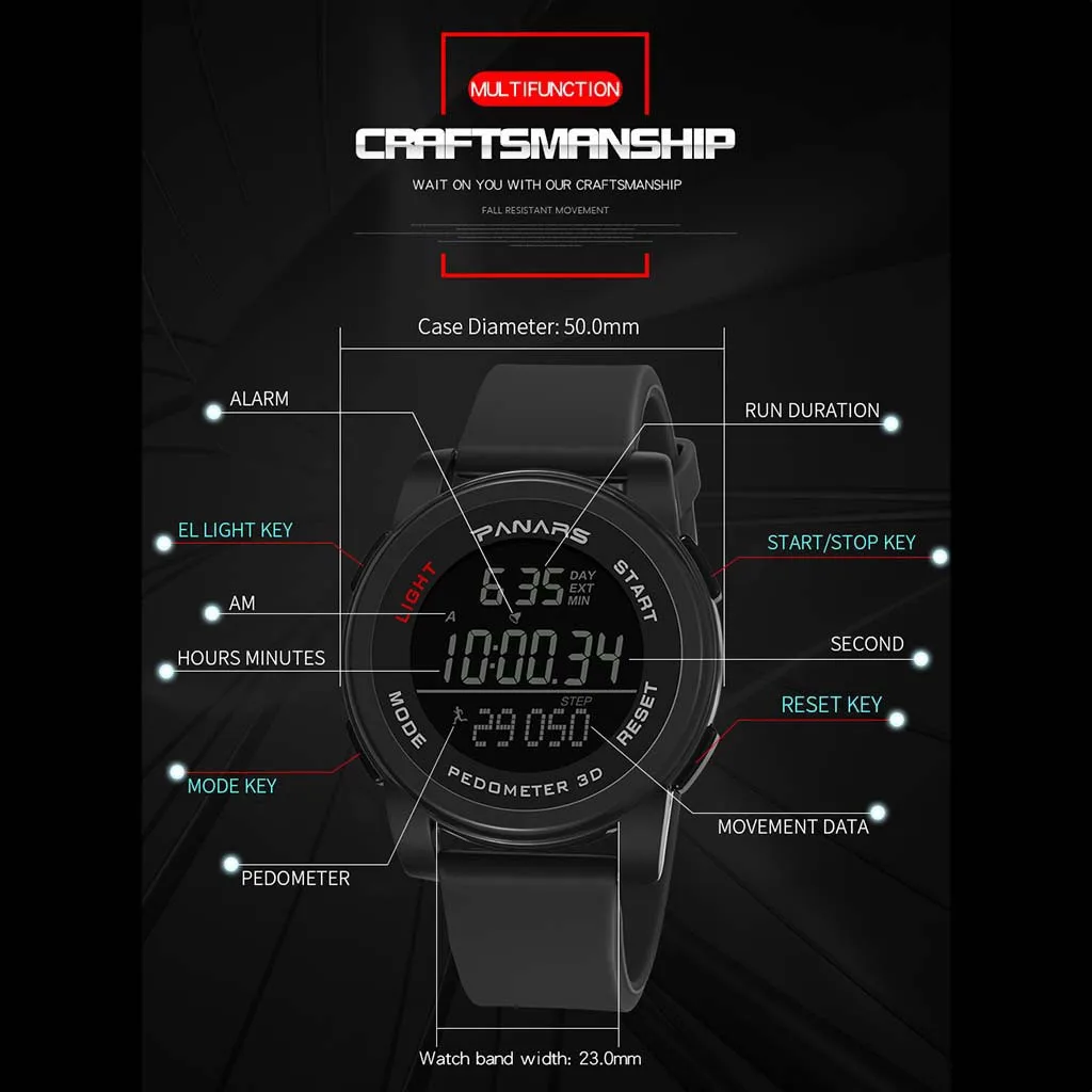 

PANARS Fashion Waterproof Running Step Counter Men's Sports Electronic Watch digital Watch fashion gif Men's watch Outdoor sport