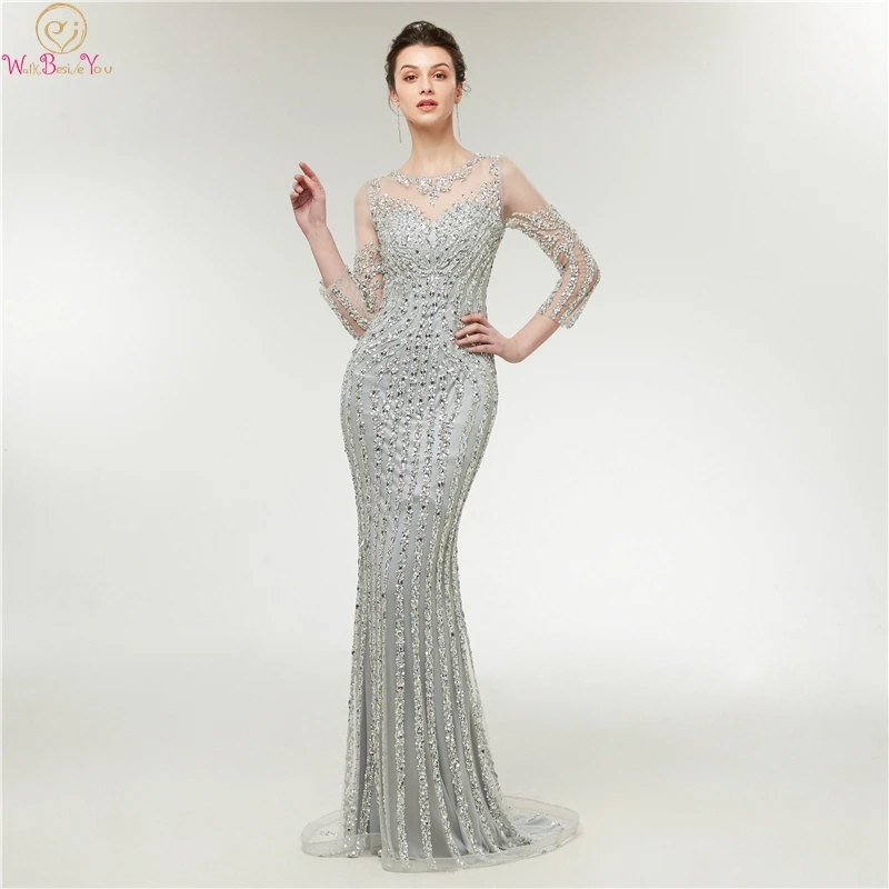 

2019 Long Sleeve Mermaid Evening Dresses Long Women O Neck Luxurious Beading robe de soiree Formal Party Gowns Walk Beside You
