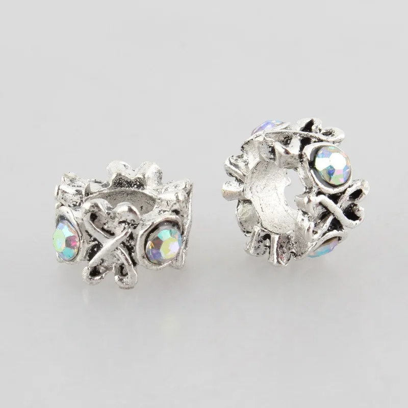 

50pcs Antique Zinc Alloy Ring Rhinestone Large Hole Beads 10x6mm, Hole: 5mm,Mixed Color F60