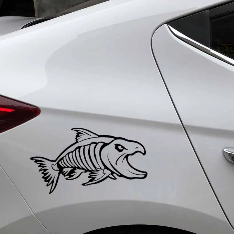 YJZT 16.8CM*9.6CM Car Sticker Aggressive Salmon Fish Skeleton Vinyl Decals Black/Silver C24-0933 | Автомобили и мотоциклы