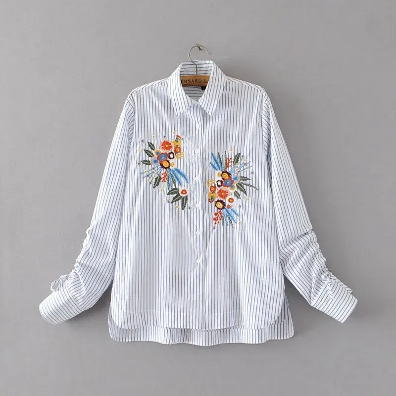 womens tops and blouses 2018 autumn tunics embroidery long sleeve striped shirt feminina office lady white shirts work wear |